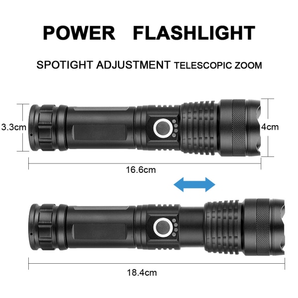 P50 lommelygte genopladelig USB teleskopisk zoom LED lommelygte