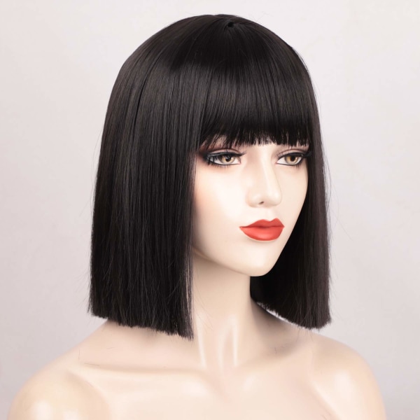 Svart Bob-Parukk med Pannelugg, Kort Svart Parukk for Kvinner Rett Bob-Parukker Varmebestandig Syntetisk Parukk Mia Wallace Cleopatra Cosplay Daglig Festbruk 12”