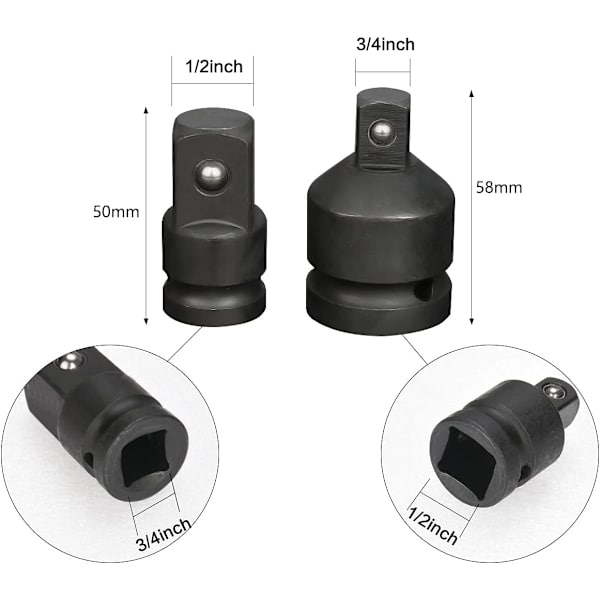 6 kpl: Hylsyavaihtajien sovittimia ja pienennyskappaleita 1/4\", 3/8\", 1/2\", 3/4\"
