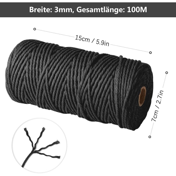 Macramé-rep - 3 mm x 100 m - Naturlig bomullstråd för väggupphängning