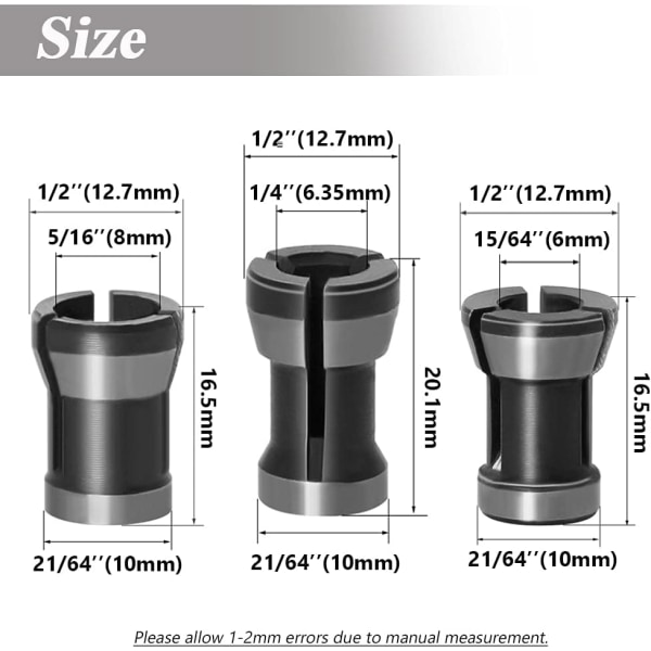 3 Pieces Router Collet Chuck, 6mm 6.35mm 8mm Router Bit Collet Ch