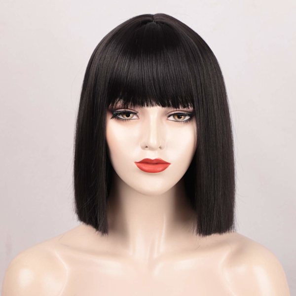 Svart Bob-Parukk med Pannelugg, Kort Svart Parukk for Kvinner Rett Bob-Parukker Varmebestandig Syntetisk Parukk Mia Wallace Cleopatra Cosplay Daglig Festbruk 12”