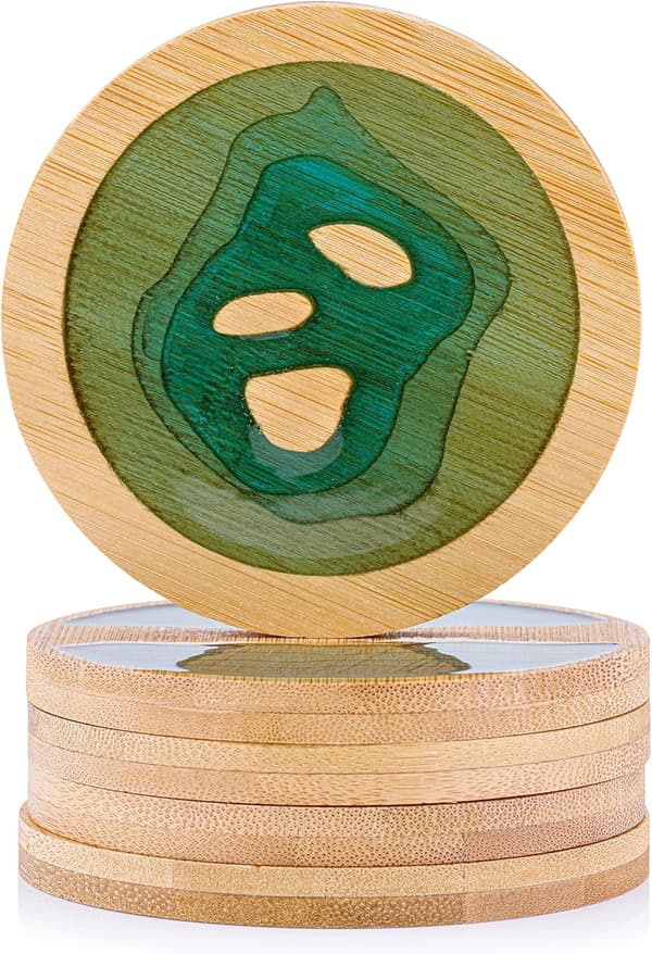 Dryckesunderlägg Rund Havsvåg Epoxiharts och Bambu - 5-pack