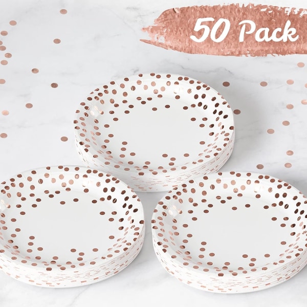 Festpapperstallrikar, 50-pack 9-tums disponibel vit och roséguld