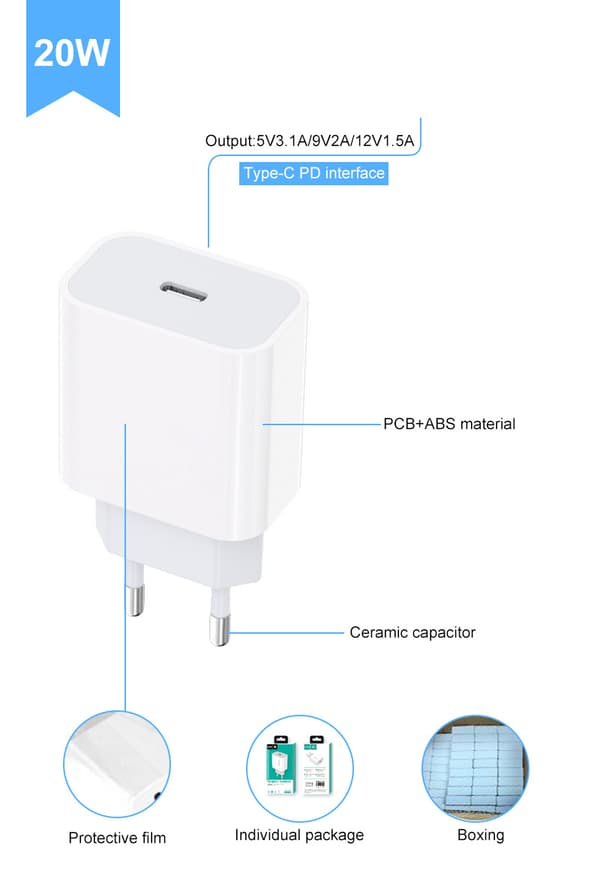 1-pack PD20W Mobiltelefonladdare PD Snabbladdare för Huawei Appl