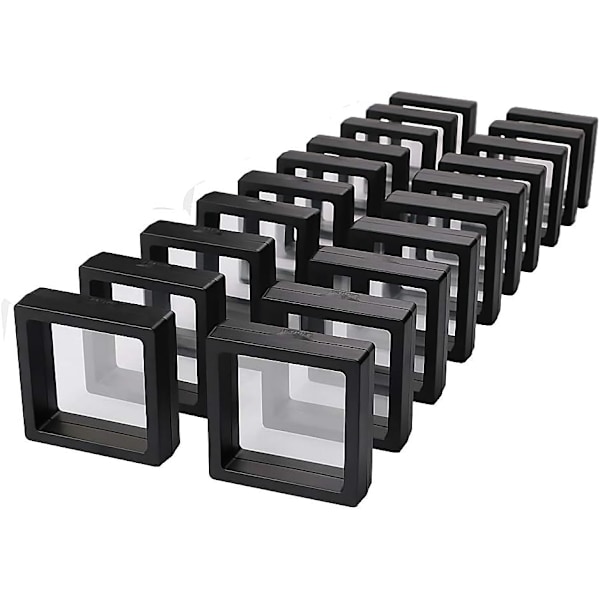Musta 3D kelluva kehyksenäyttöteline, 20 korunäyttölaatikkoa