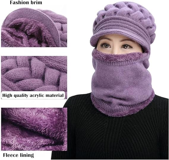 Fleeceforet Beanie Hat til Kvinder, Vinterhat Halsklæde Maske Sæt, Kvinder