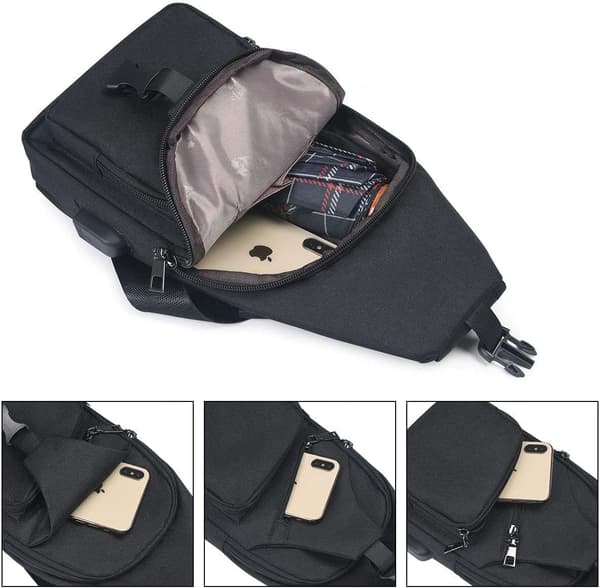 Skulderbagg for menn, brystbagg med USB-lading og hodetelefonuttak