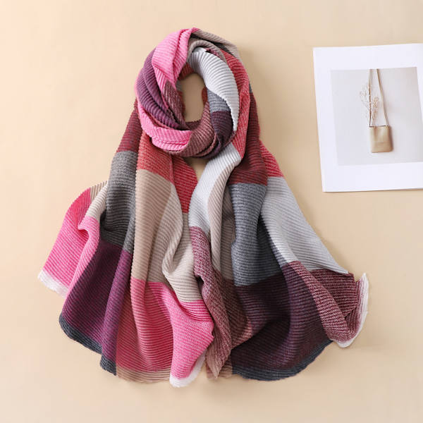 Rosa polyesterbomulls-scarf med flerfärgad linje-rutig design för kvinnor, varm och elegant