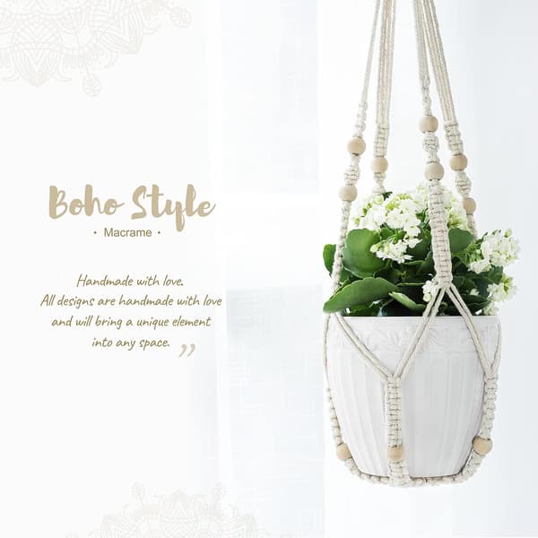 Macrame Växthängare Inomhus Hängande Planterkorg med Träpärla