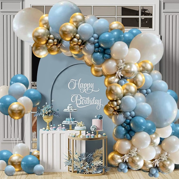 Dusty Blue Ballong Garland Kit, 140 st Fog Blue Royal Blue Pastel Blue Sand White Metallic Gold latexballonger för pojke B