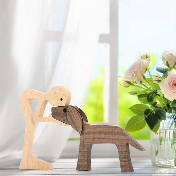 Familjevalp Träskulptur Ornament Naturligt Massivt Trä Husdjur Hund Fam
