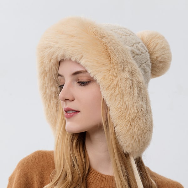 Winter Warm Knitted Hat Fur Women Hat With Earflap Two Balls Lady