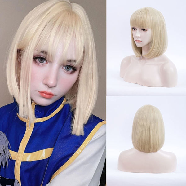 Blond parykk med pannelugg, kort blond bob-parykk for kvinner, 12 tommer