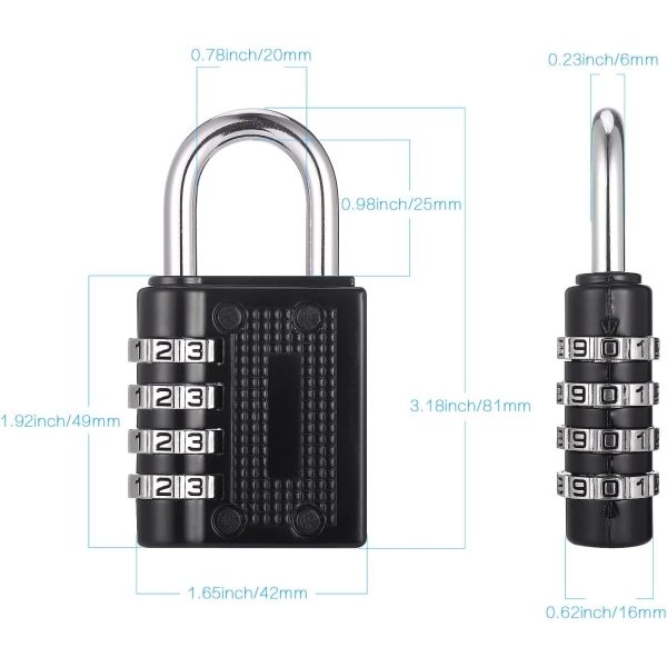 4 stk. Kombinationshængelås, Robust Metal Kodehængelås, Vandafvisende
