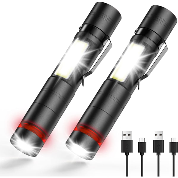 Mini LED Lommelygte 2 stk., Stålclips & COB Lille Lommelygter USB R
