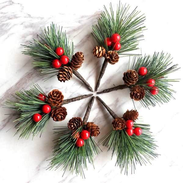 18PCS pine needles branches with red berry stems pine cones pine