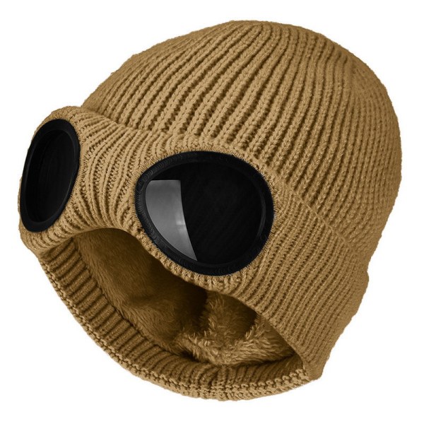 Unisex Goggle Beanie Stickad Vinter Chunky Beanie Hatt, Khaki