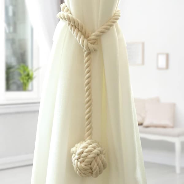 Set med (2 beige) Gardinband med Stora Vävda Boll i Bomull