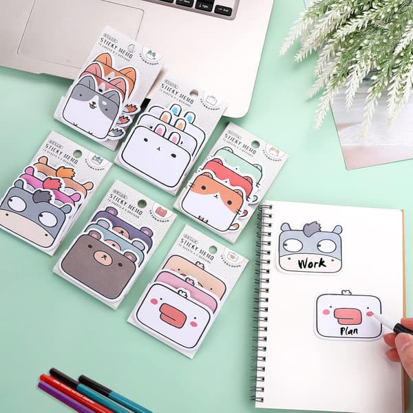 6 Pak Søde Dyreformede Sticky Note Pads - Selvklæbende Memo P