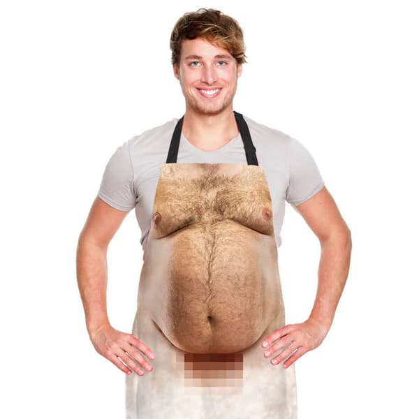 En rolig man som lagar mat BBQ-förkläde mage BBQ rolig prank jul