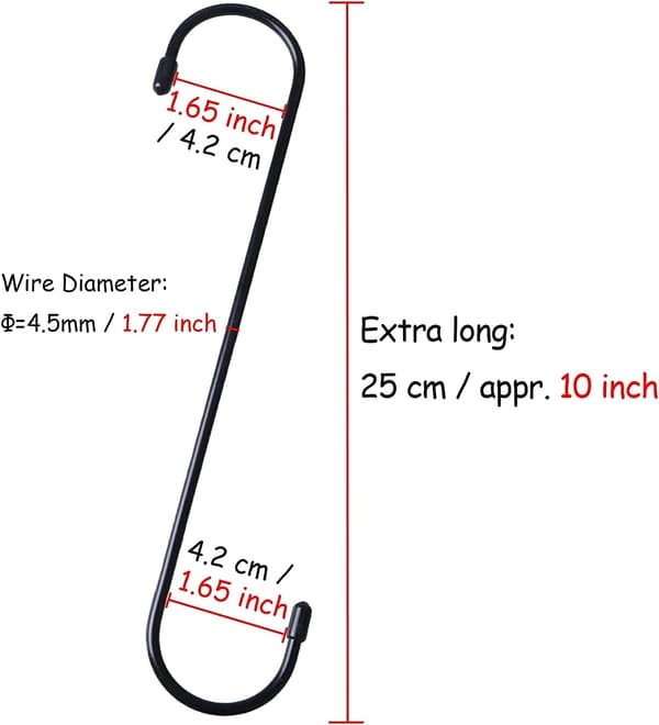 6 kpl Extra Long S-koukut 25 cm, Extra Long Mustat Koukut Ripustamiseen