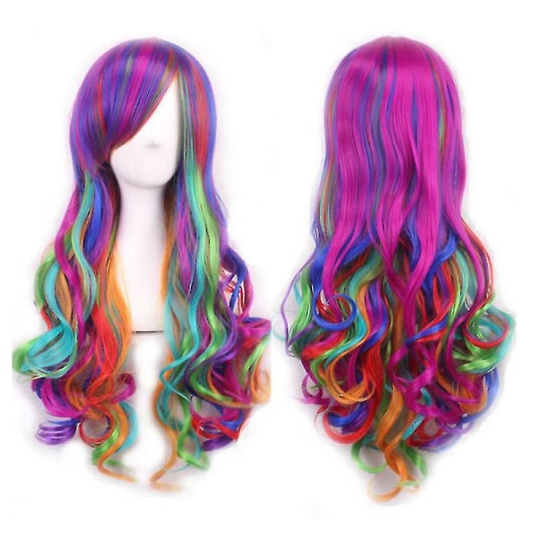 Women Synthetic Hair Wigs Rainbow Long Full Wavy Curly Party Cosp