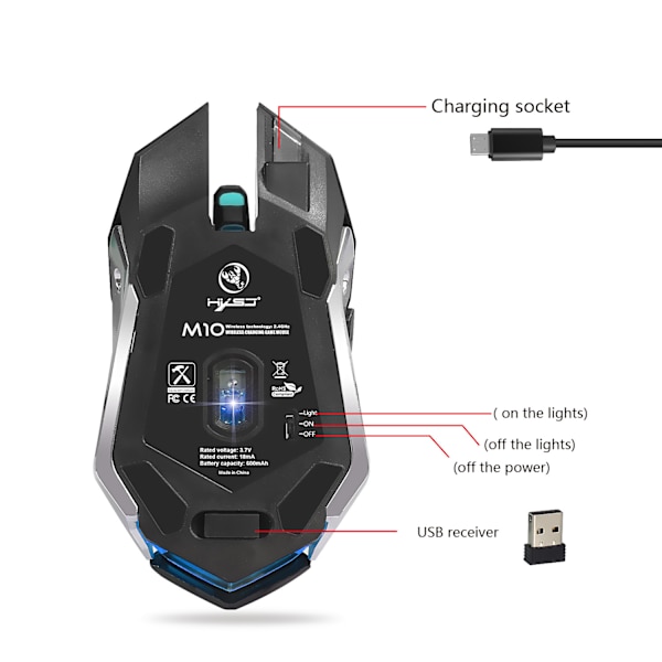Genopladelig 2.4G elektrisk trådløs gamingmus 10 meter transmission