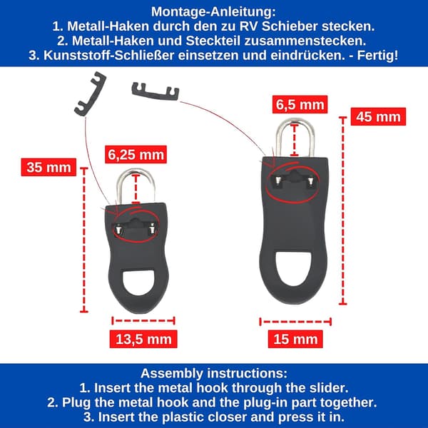 Glidelåsreparasjon, Pakke med 10, Lengde 35 mm, Plug-in, Erstatning DXGHC