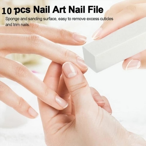 En set med 10 stycken vit nagelpoleringsmaskin med en nagelborste, som används för professionella salongs nagelfilar med kvadratiska svampar