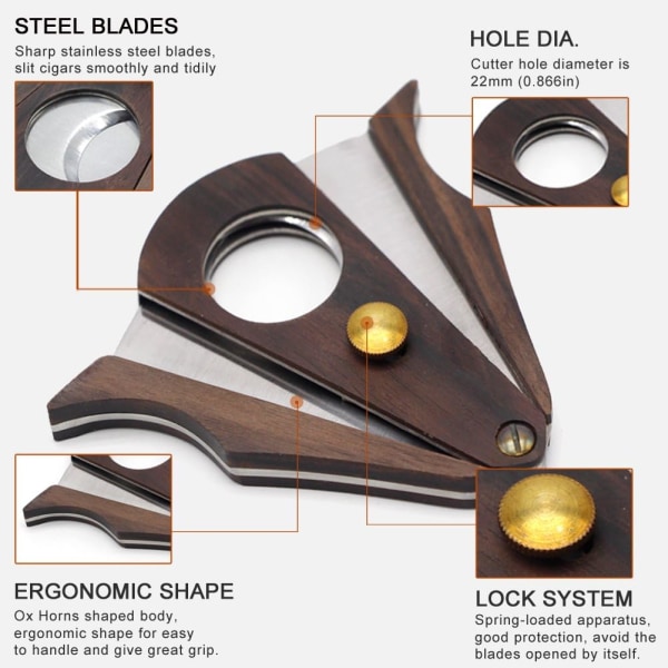 Cigar cutter with locking system in wood and stainless steel with