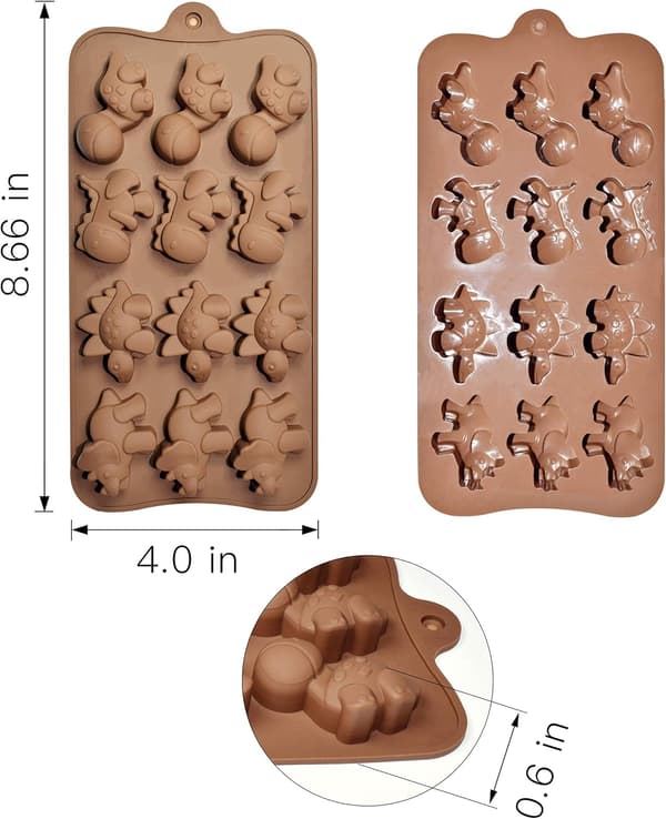 12-håls dinosaurie chokladformar, set med 4, non-stick silikon