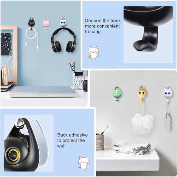 6 stycken kreativa självhäftande krokar, söta kattnyckelkrokar, självhäftande
