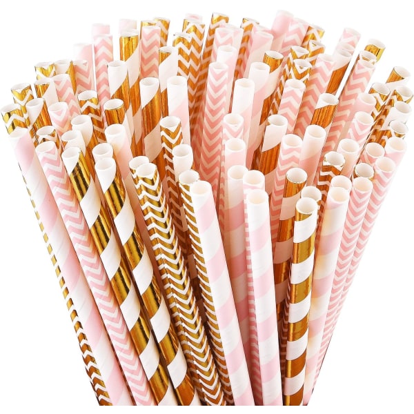 Biologiskt nedbrytbara papperssugrör, 100 Count Pink Straws/Golden Straws