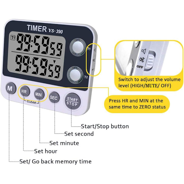 2 Kanals Køkken Timer, Justerbar Buzzer Volumen, Koge Timer