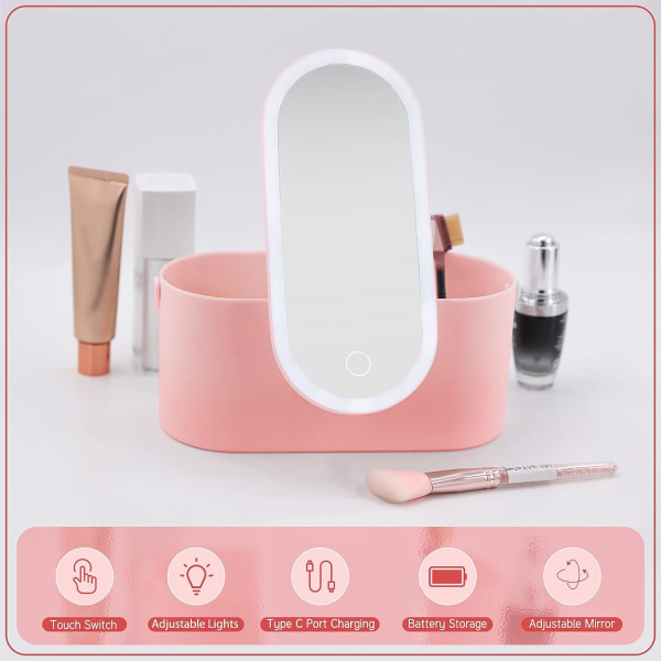 Makeup Organizer Box med Spejl og LED Lys - Bærbar Rejsemakeuptaske