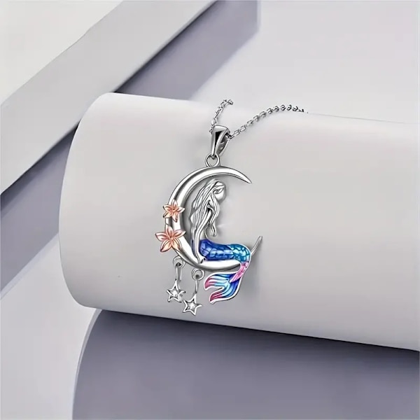 Sjöjungfru Halsband Sterling Silver Havsjungfru Halvmåne och Stjärna Halsband med Blomma Hänge Födelsedagspresenter Smycken