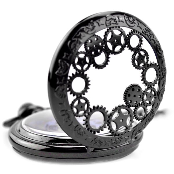 Gear Gun Black Mechanical Pocket Watch Retro Flap Hollow Necklace