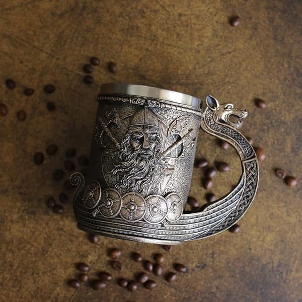 Øl- og kaffekrus i rustfritt stål, middelalder-norrønt viking skip, bronse