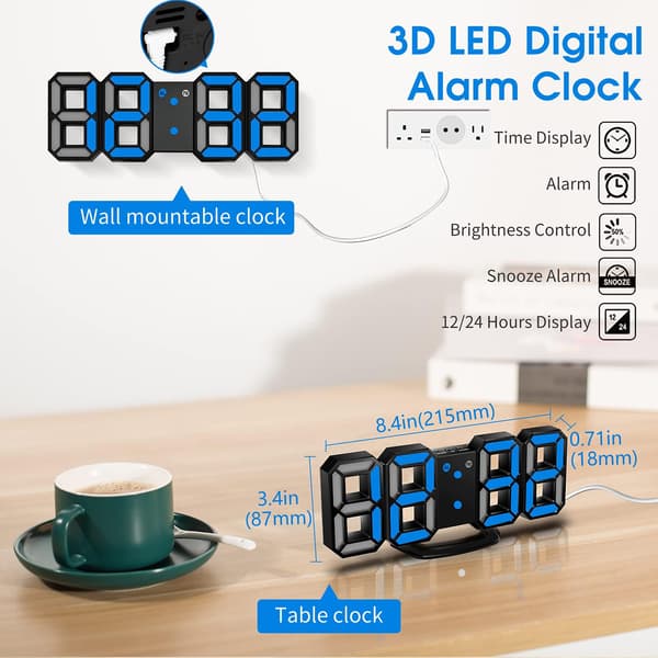 3D LED digital vækkeur, vægur, digitalt ur, 3D LED ala