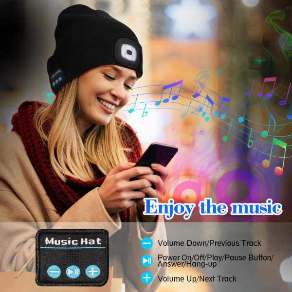 LED Bluetooth 5.0 Beanie Hat, Built-in Stereo Speaker and Mic, Wi