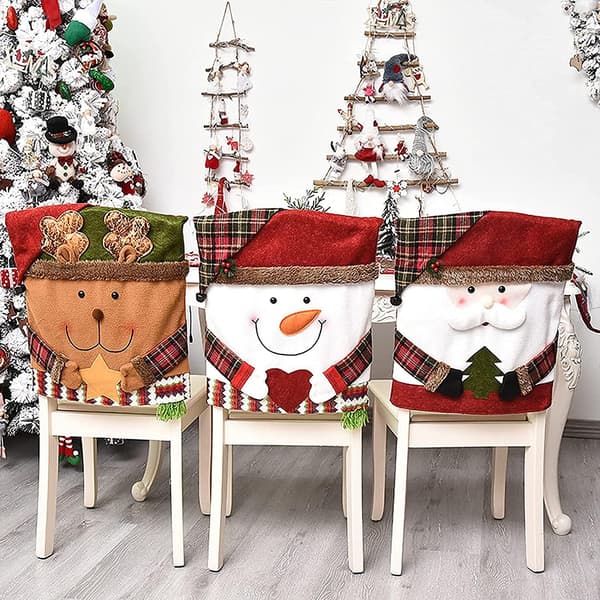 3 st julstolsryggar för matsal, tomte snö