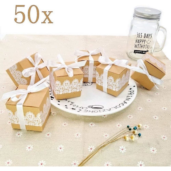 50 x Gaveæsker i Kraftpapir med Blonder til Gave, Slik, Konfetti