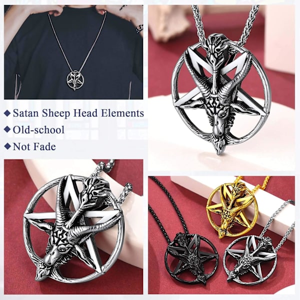 Baphomet Inverted Pentacle Halskjede, Satanisk Geitehode Smykke, S