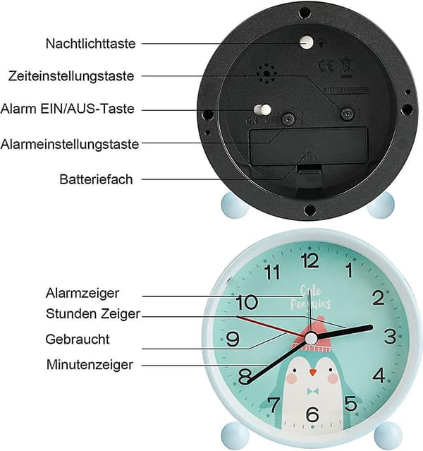 4 tommers vekkerklokke for barn, jenter og gutter, analog