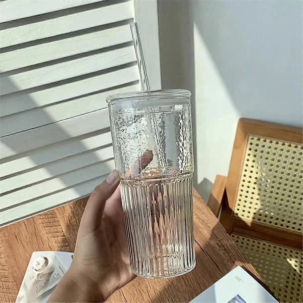 600 ml glaskopp mjölk kaffekopp med lock och sugrör transparent rand vattenkopp mugg dricksglas