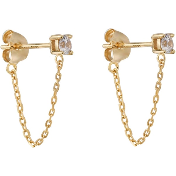 Cubic Zirconia Stud Øreringe med Kæde Sterling Sølv Kæde Øre
