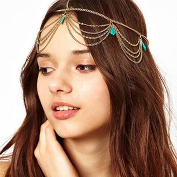 Boho Lagdelt Turkis Hodebånd Hodekjede Gull Tassel Dangle DXGHC