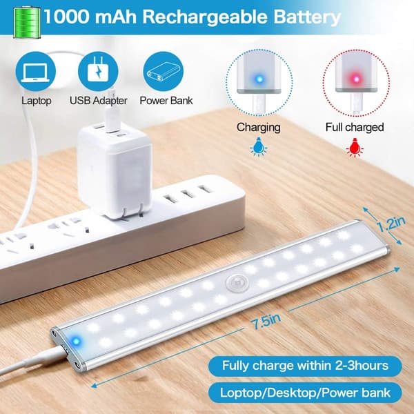 24 LED Klesslys, Trådløs, USB-oppladbar, Magnetisk, Bevegelsessensor