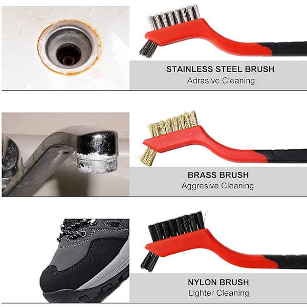 Sett med 3 wirebørster med buet håndtak, messing/nylon/rustfritt stål